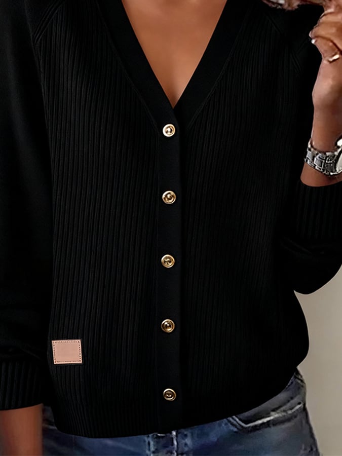 Women'S Solid Color V-Neck Long-Sleeved Knitted Cardigan
