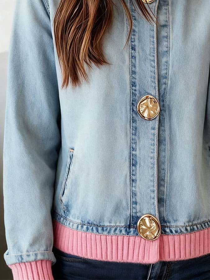Women'S Casual Denim Splicing Knitted Cardigan Sweater