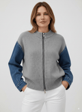 Women'S Casual Zipper Knitted Sweater Denim Splicing Cardigan Jacket