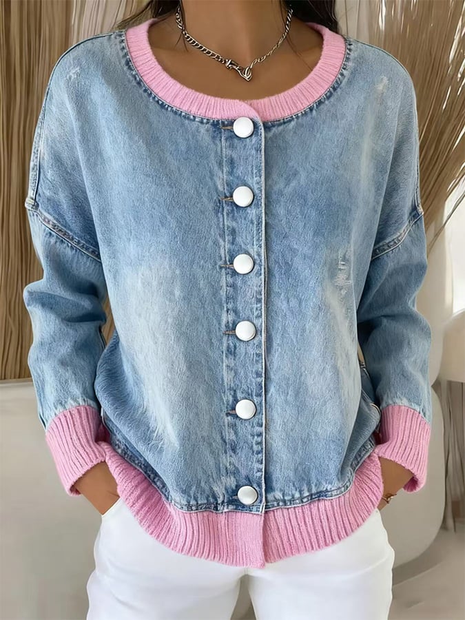 Women'S Round Neck Contrast Color Denim Patchwork Cardigan