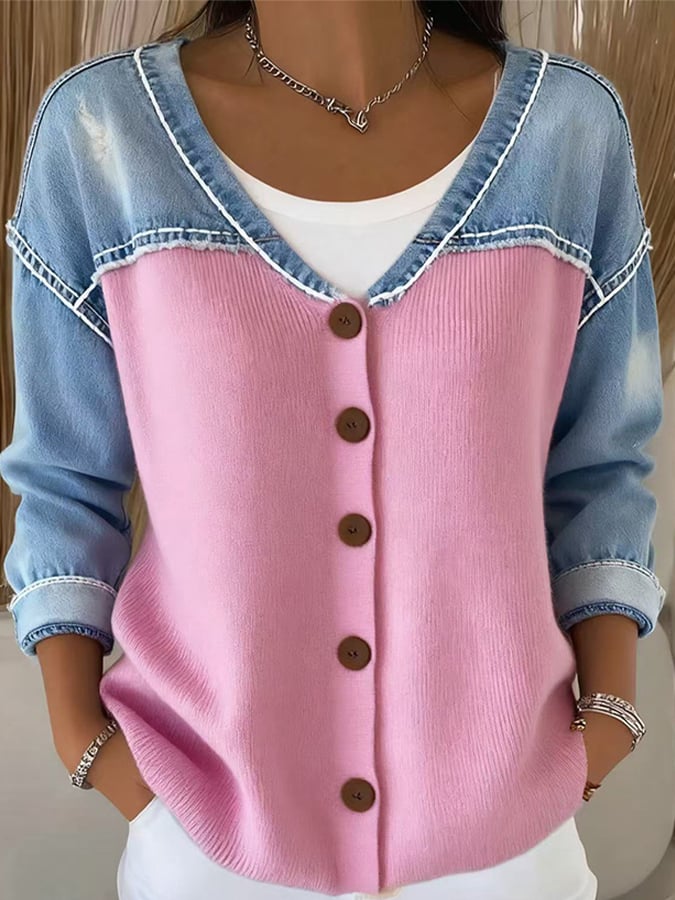Women'S V-Neck Contrast Denim Cardigan