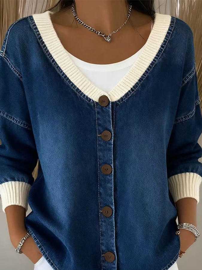 Women's Casual V-Neck Denim Splicing Cardigan