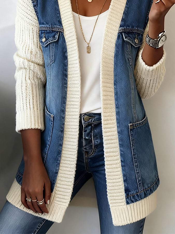 Women's Casual V-Neck Denim Splicing Cardigan
