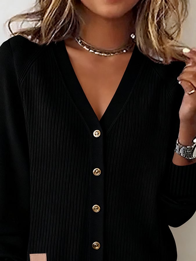 Women'S Solid Color V-Neck Long-Sleeved Knitted Cardigan