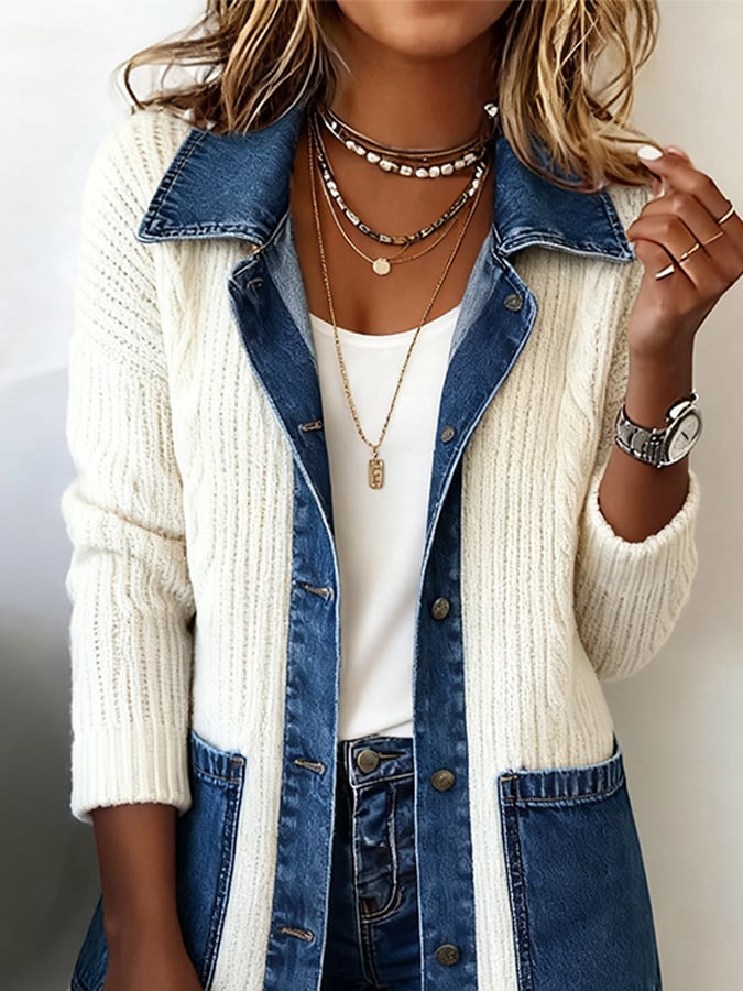 Women'S Casual Lapel Denim Patchwork Cardigan