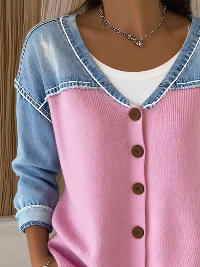 Women'S V-Neck Contrast Denim Cardigan
