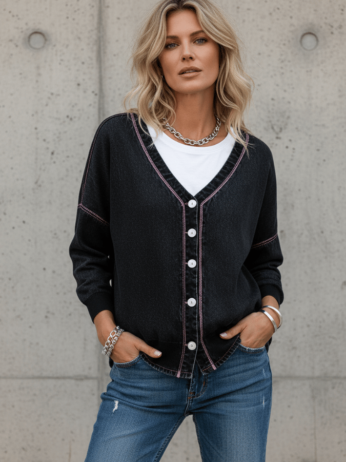 Women'S V-Neck Contrast Denim Cardigan