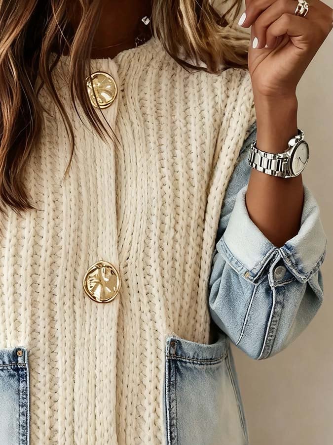 Women'S Casual Denim Splicing Knitted Cardigan Sweater