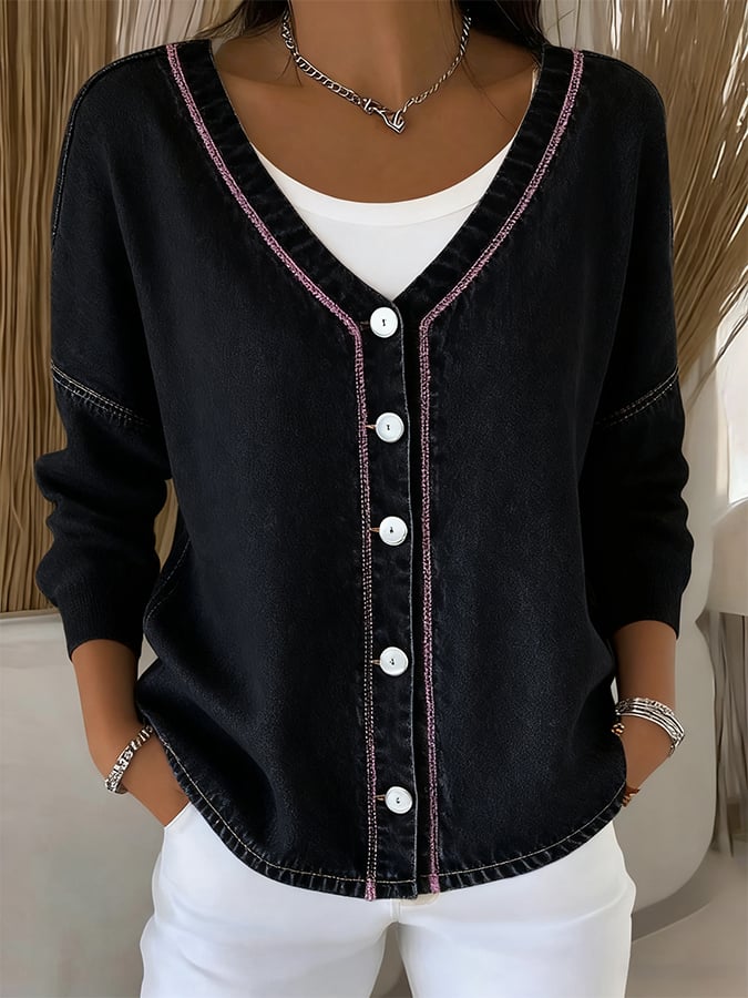 Women'S V-Neck Contrast Denim Cardigan