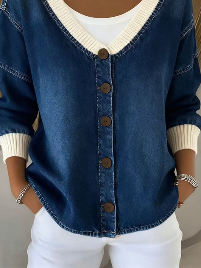 Women's Casual V-Neck Denim Splicing Cardigan