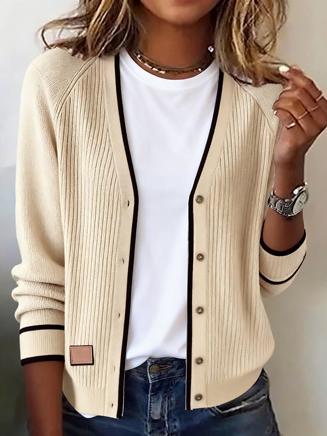 Women's Casual V-Neck Contrast Color Long Sleeve Cardigan