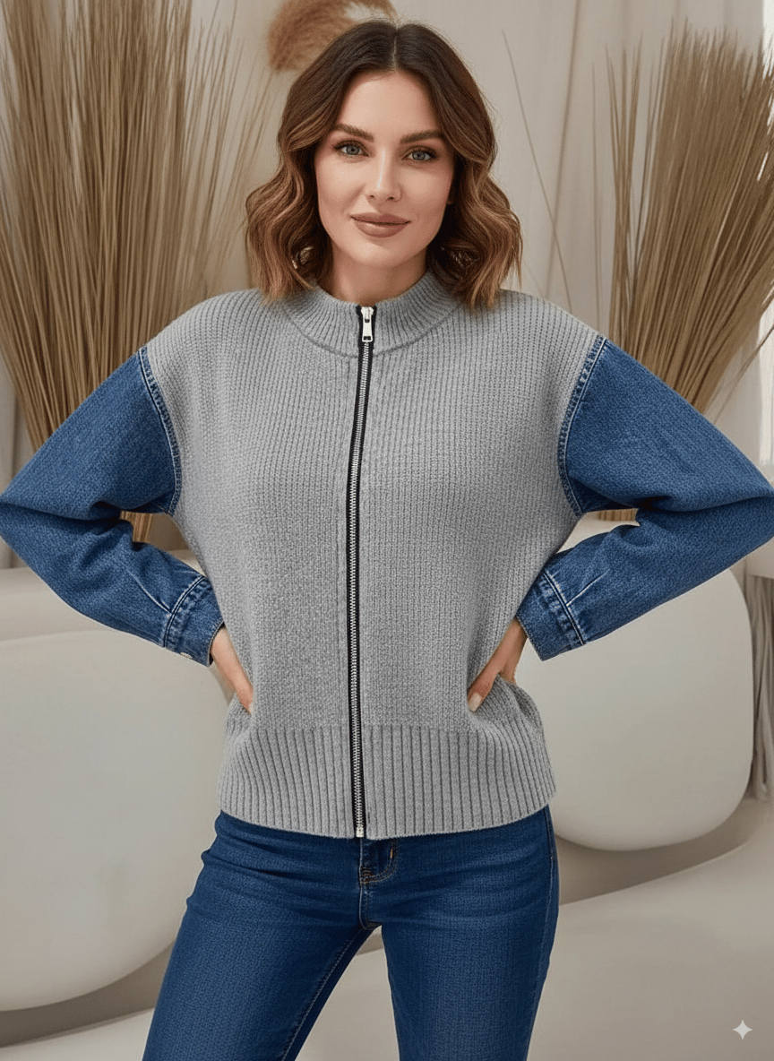 Women'S Casual Zipper Knitted Sweater Denim Splicing Cardigan Jacket