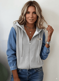Women'S Casual Zipper Knitted Sweater Denim Splicing Cardigan Jacket