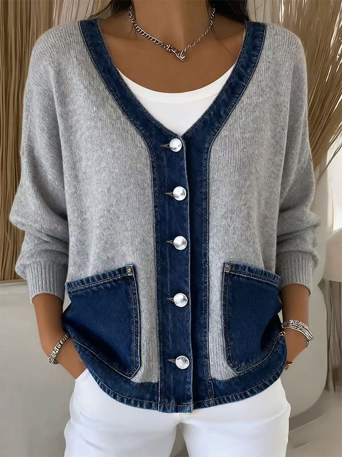 Women's Casual V-Neck Denim Splicing Cardigan