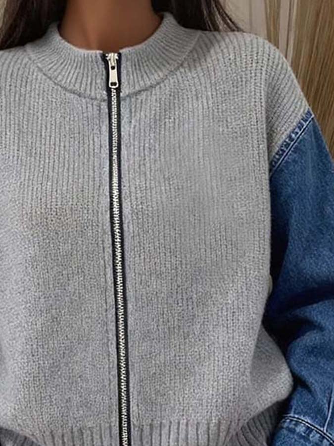 Women'S Casual Zipper Knitted Sweater Denim Splicing Cardigan Jacket