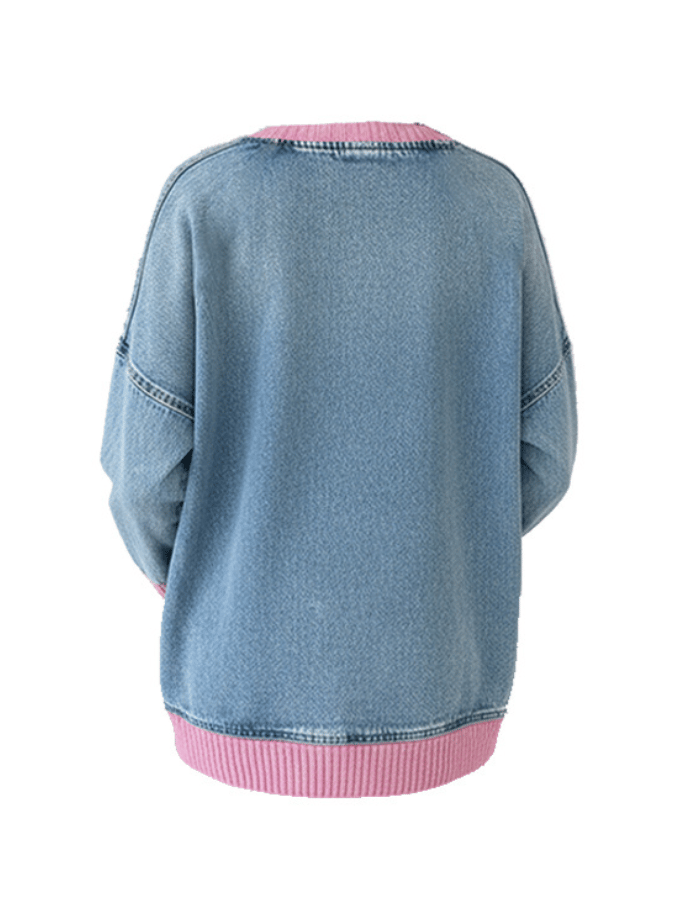Women'S V-Neck Contrast Denim Cardigan