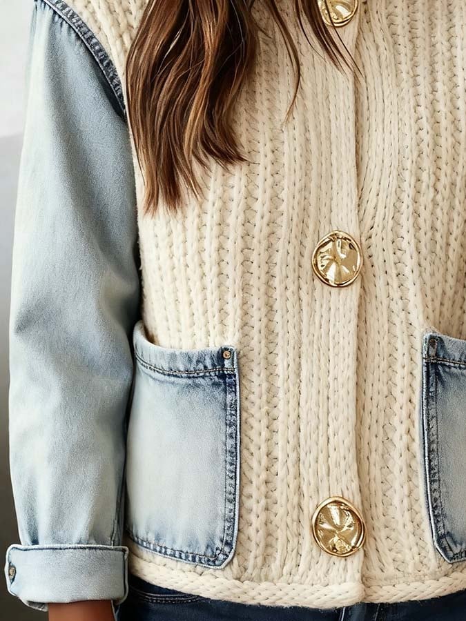 Women'S Casual Denim Splicing Knitted Cardigan Sweater
