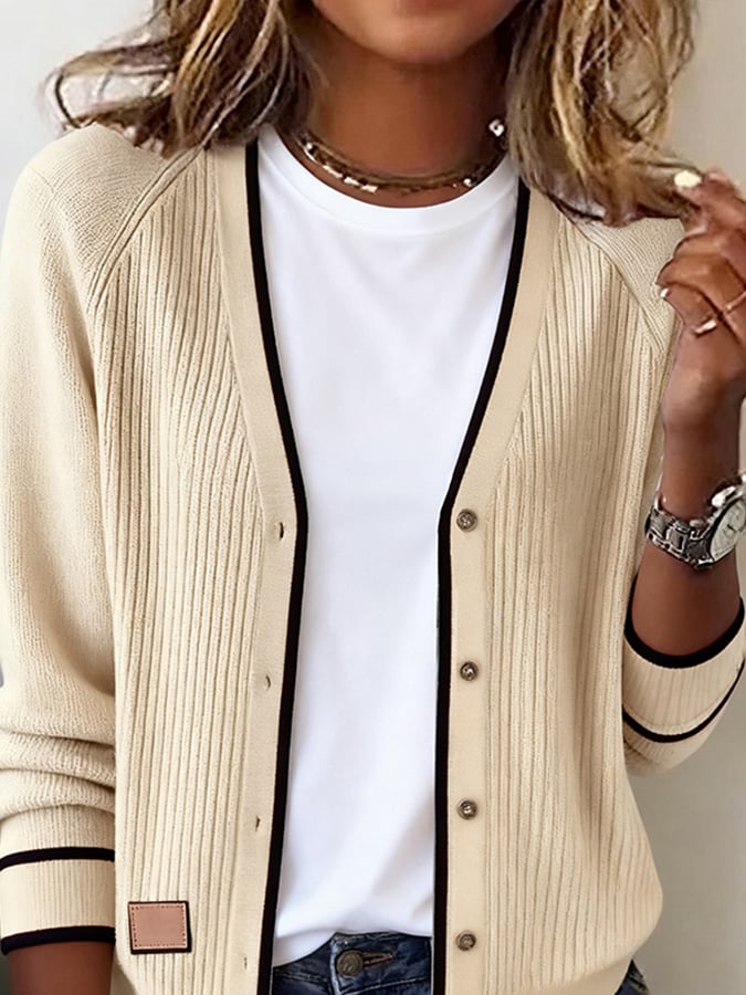 Women's Casual V-Neck Contrast Color Long Sleeve Cardigan
