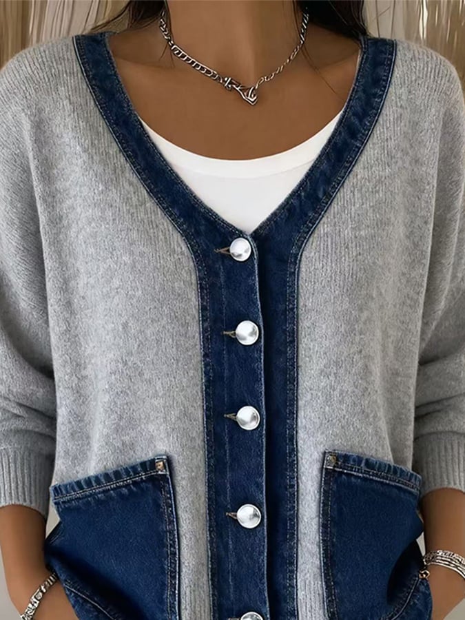 Women's Casual V-Neck Denim Splicing Cardigan