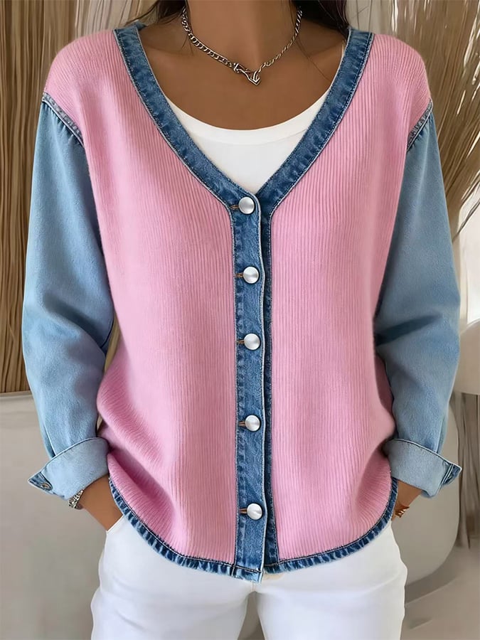 Women'S V-Neck Contrast Denim Cardigan