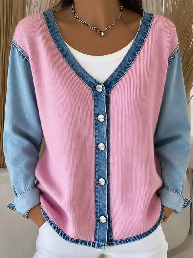 Women'S V-Neck Contrast Denim Cardigan