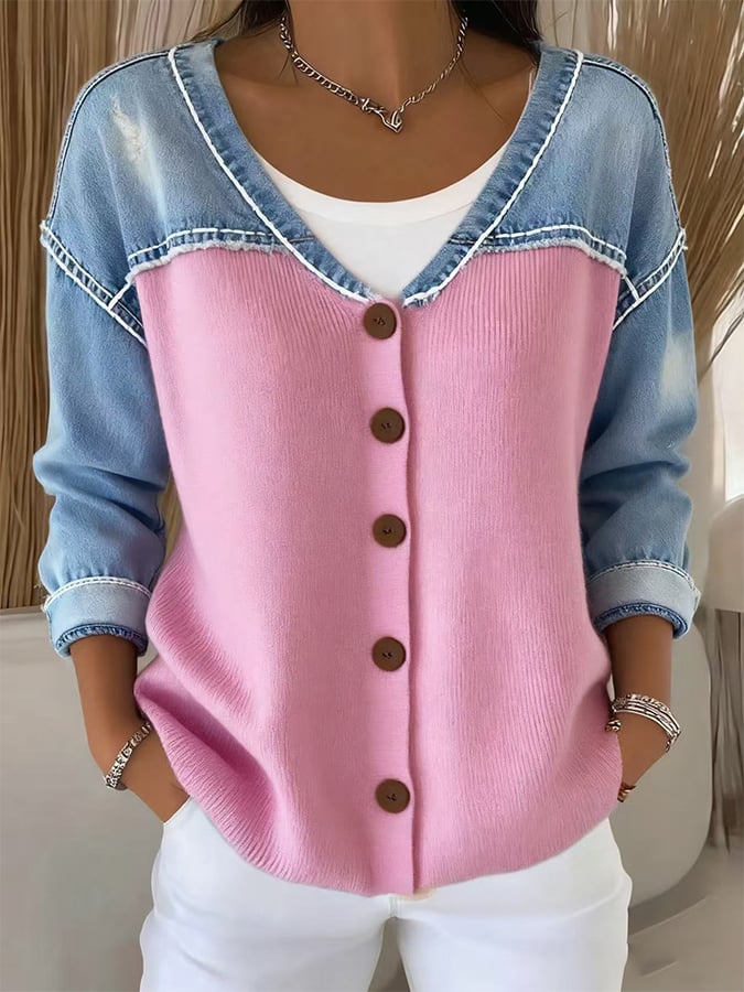 Women'S V-Neck Contrast Denim Cardigan