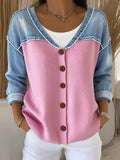 Women'S V-Neck Contrast Denim Cardigan