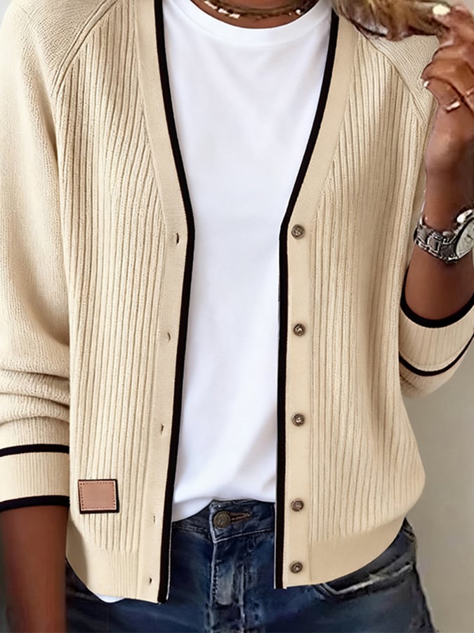 Women's Casual V-Neck Contrast Color Long Sleeve Cardigan