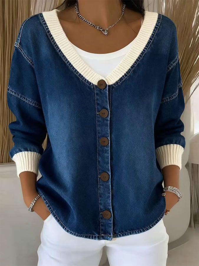 Women's Casual V-Neck Denim Splicing Cardigan