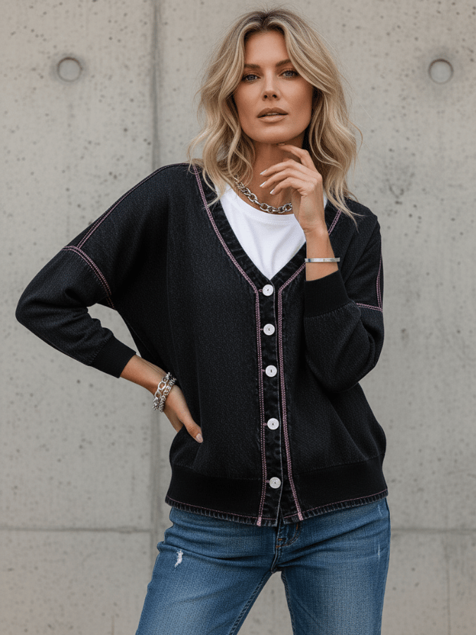 Women'S V-Neck Contrast Denim Cardigan