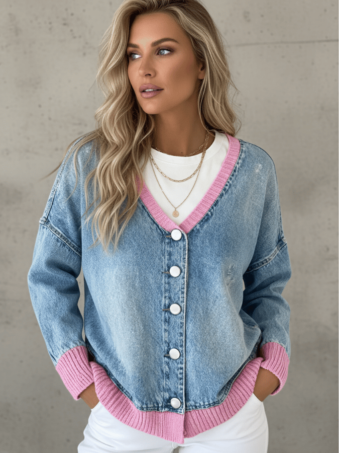 Women'S V-Neck Contrast Denim Cardigan