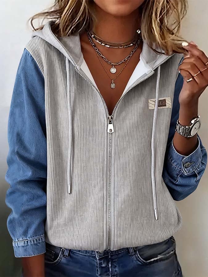 Women'S Casual Zipper Knitted Sweater Denim Splicing Cardigan Jacket