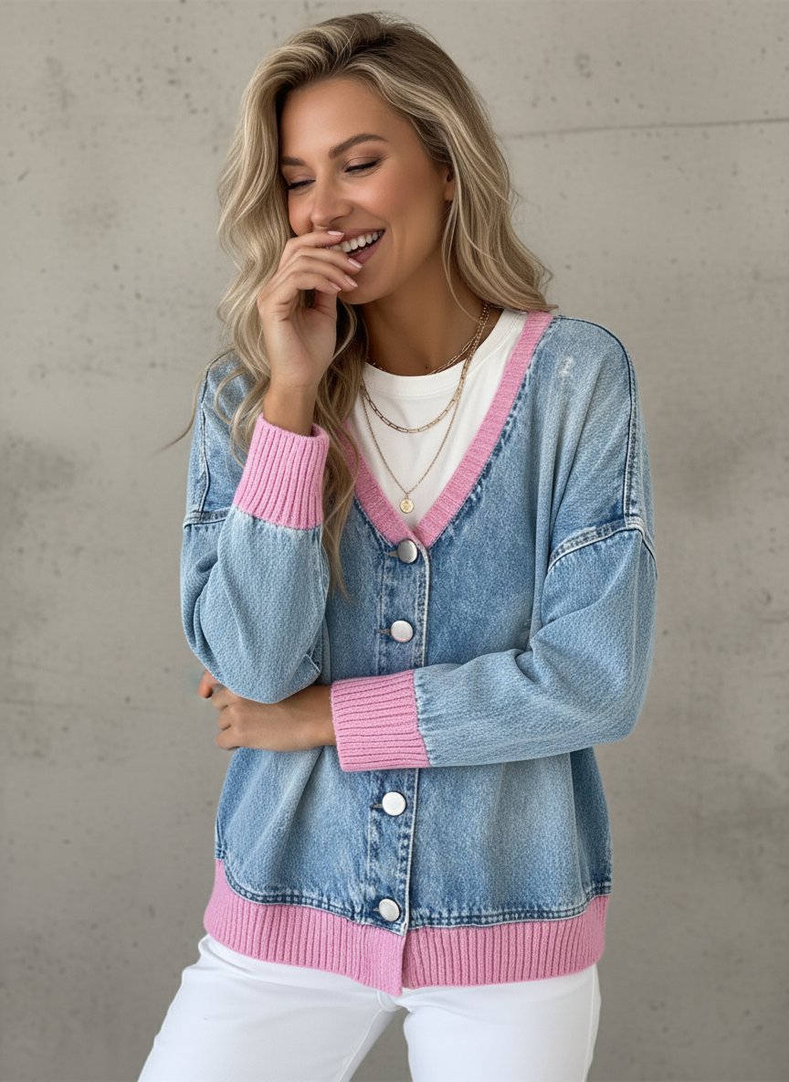 Women'S V-Neck Contrast Denim Cardigan