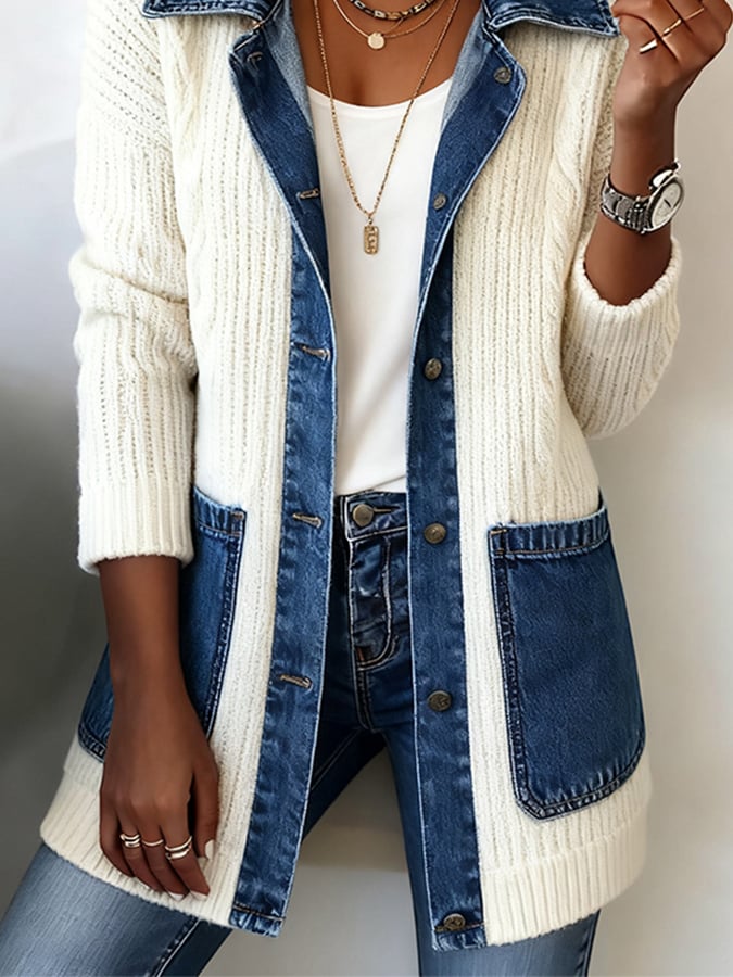 Women'S Casual Lapel Denim Patchwork Cardigan