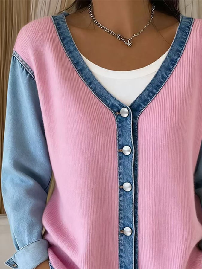 Women'S V-Neck Contrast Denim Cardigan