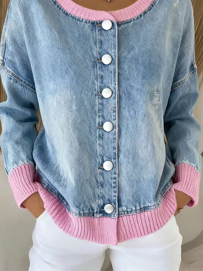 Women'S Round Neck Contrast Color Denim Patchwork Cardigan
