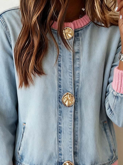 Women'S Casual Denim Splicing Knitted Cardigan Sweater