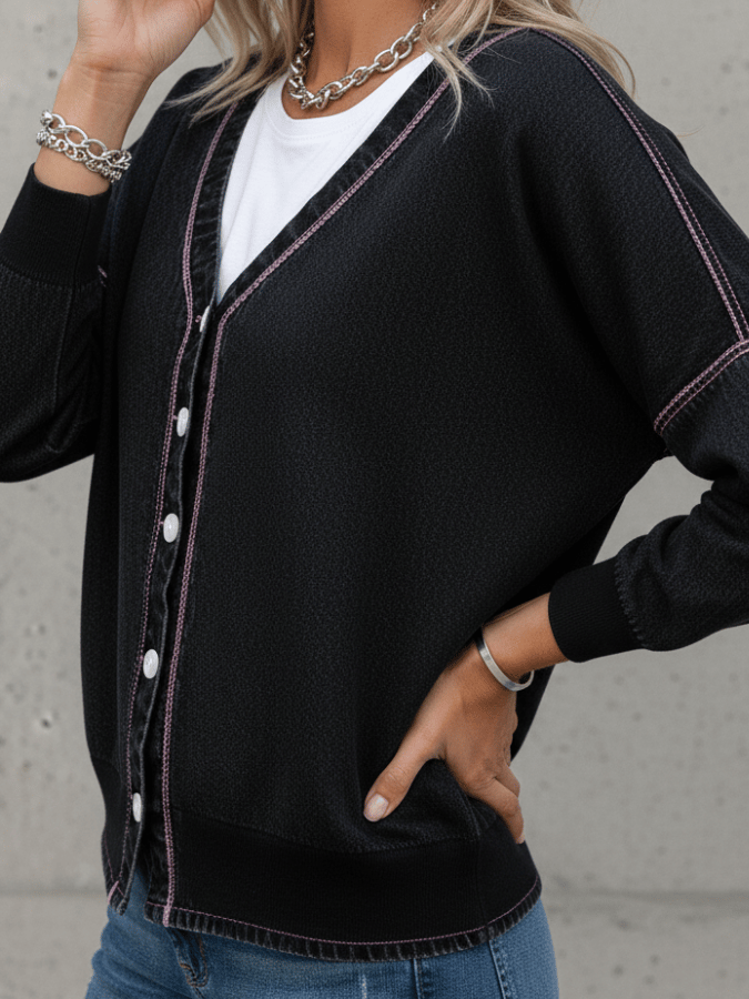 Women'S V-Neck Contrast Denim Cardigan