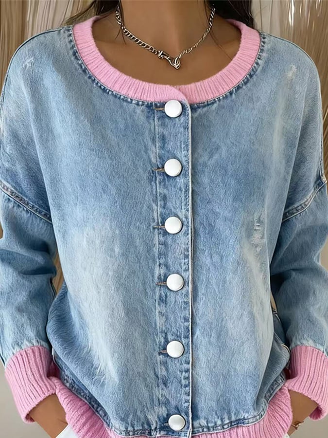 Women'S Round Neck Contrast Color Denim Patchwork Cardigan