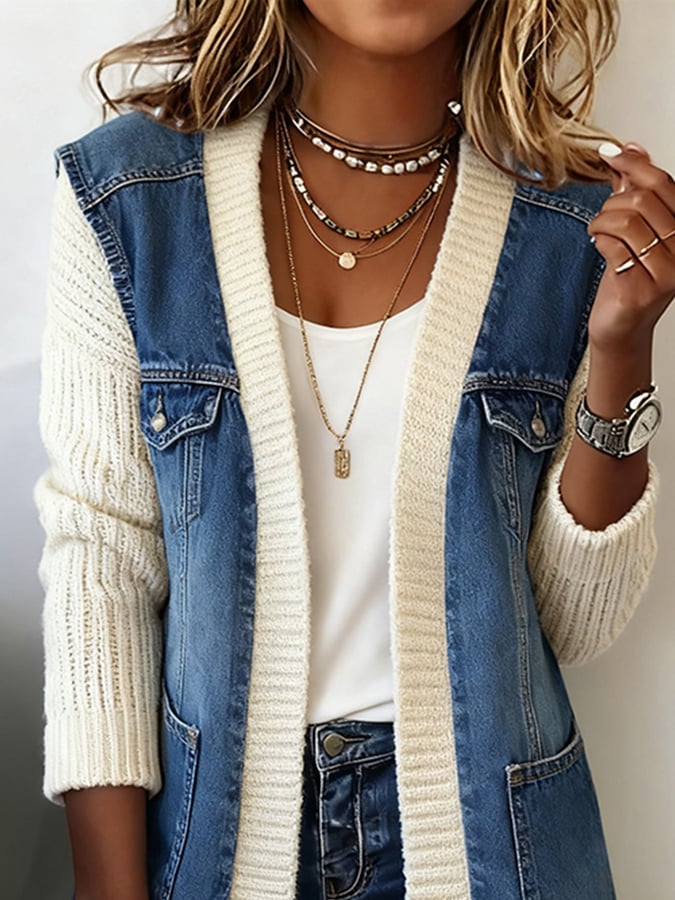 Women's Casual V-Neck Denim Splicing Cardigan