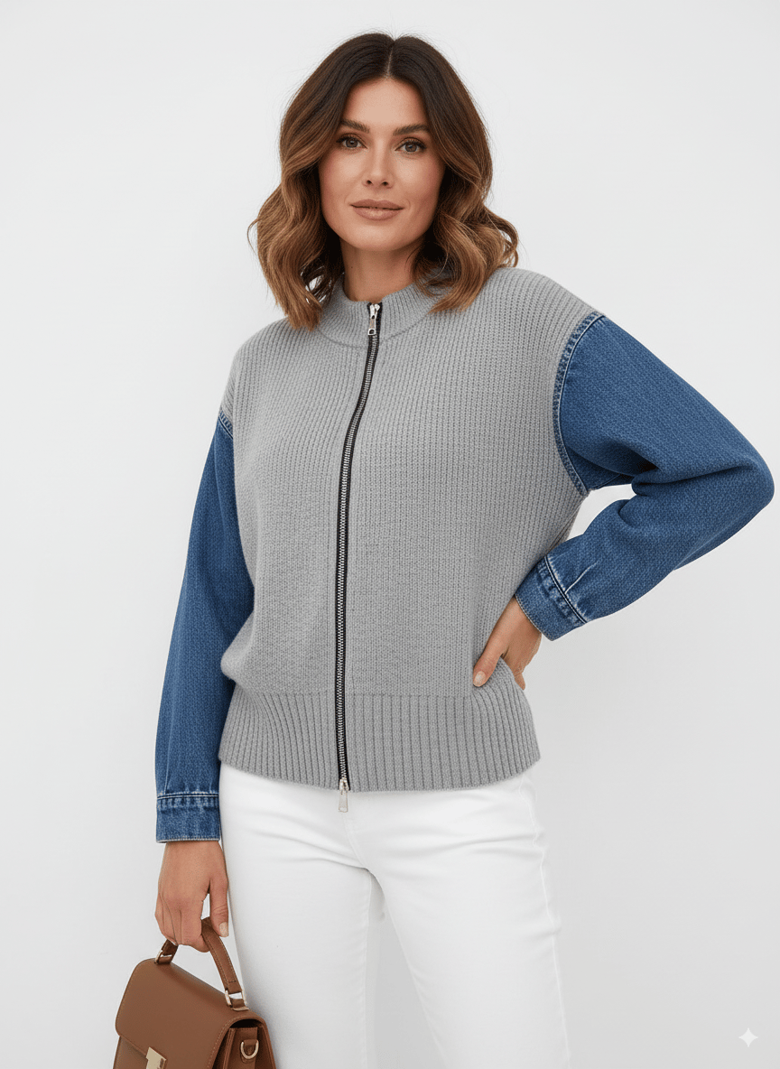 Women'S Casual Zipper Knitted Sweater Denim Splicing Cardigan Jacket