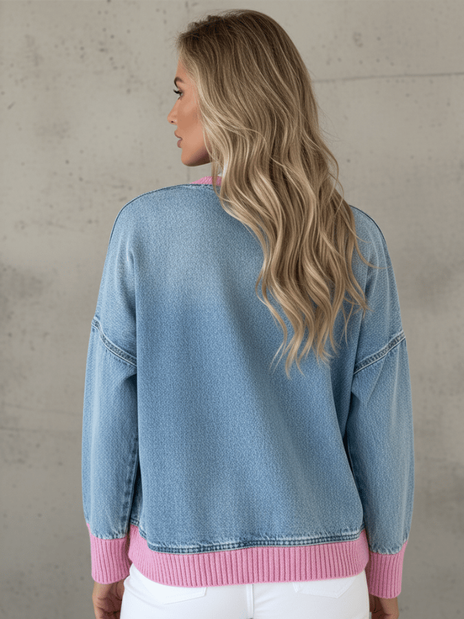 Women'S V-Neck Contrast Denim Cardigan