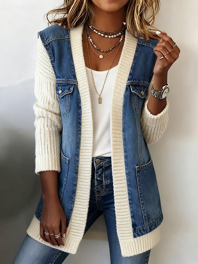 Women's Casual V-Neck Denim Splicing Cardigan