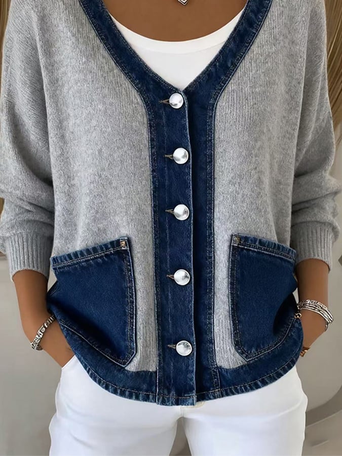 Women's Casual V-Neck Denim Splicing Cardigan