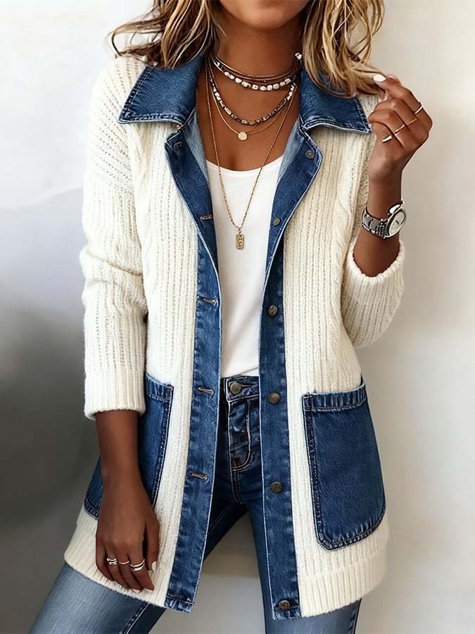 Women'S Casual Lapel Denim Patchwork Cardigan