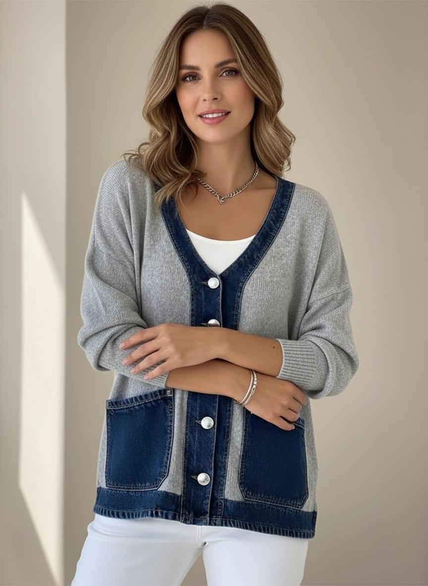 Women's Casual V-Neck Denim Splicing Cardigan
