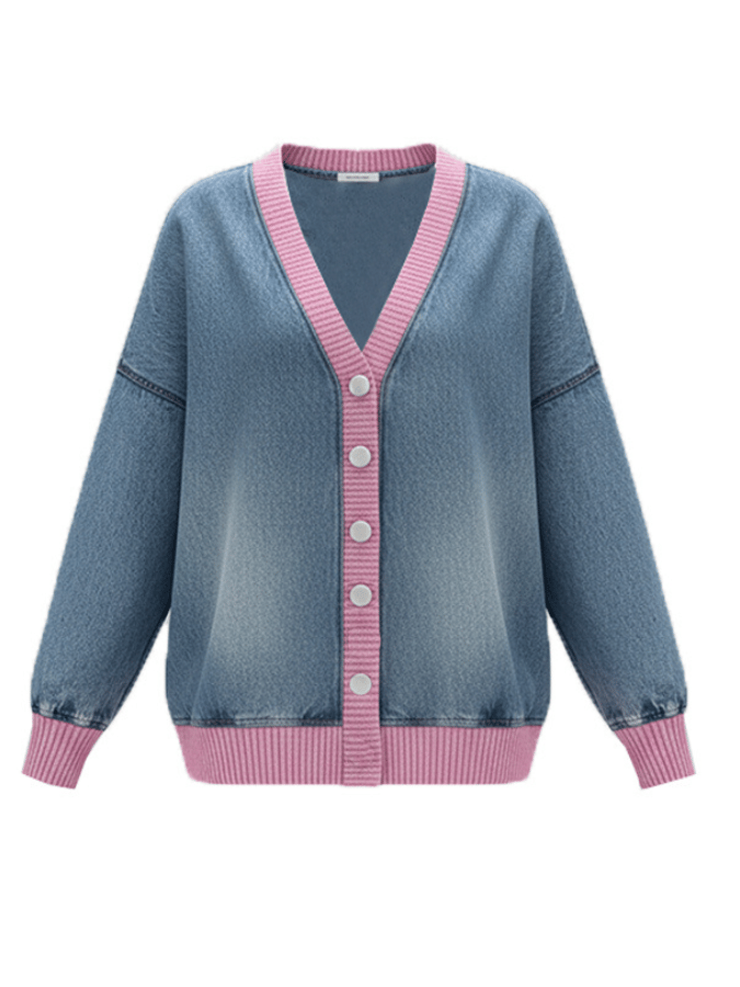 Women'S V-Neck Contrast Denim Cardigan